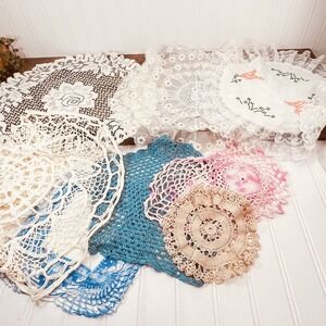 Lot of 9 Vintage Crochet Lace Doilies/ Table Scarf- Round Large Doily